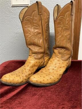 Justin Western Boots 10.5B Exotic OSTRICH 2 Tone brown VTG Full Quill Leather